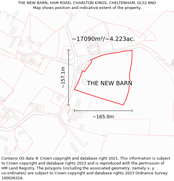 THE NEW BARN, HAM ROAD, CHARLTON KINGS, CHELTENHAM, GL52 6ND: Plot and title map