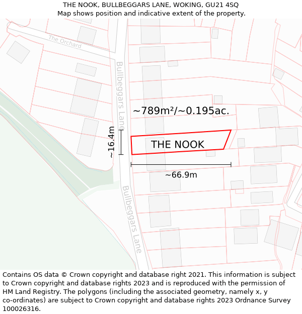 THE NOOK, BULLBEGGARS LANE, WOKING, GU21 4SQ: Plot and title map