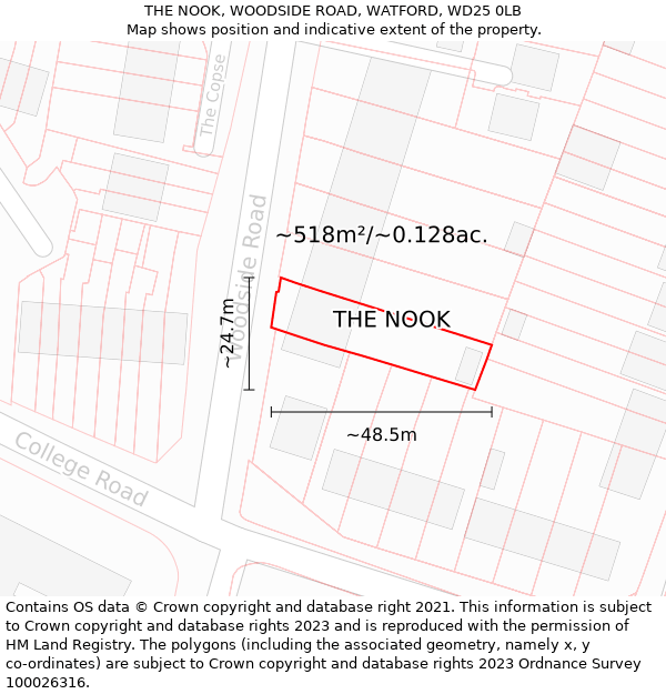 THE NOOK, WOODSIDE ROAD, WATFORD, WD25 0LB: Plot and title map