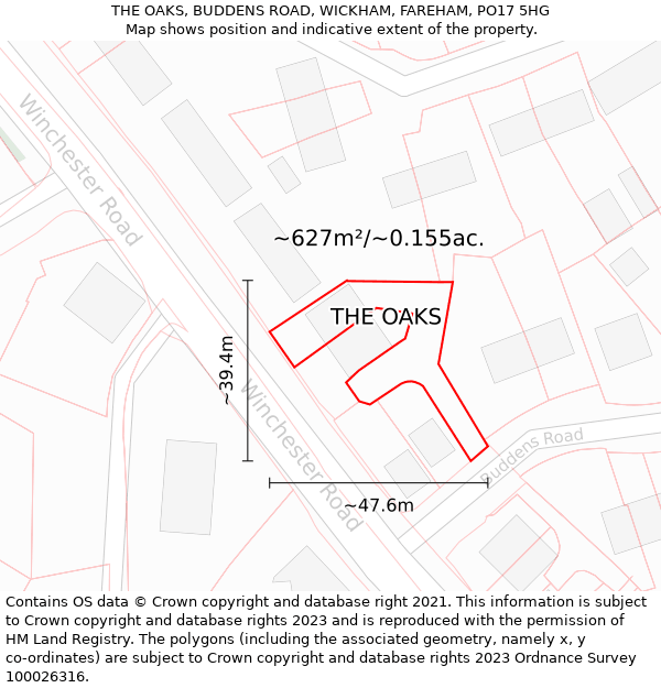 THE OAKS, BUDDENS ROAD, WICKHAM, FAREHAM, PO17 5HG: Plot and title map