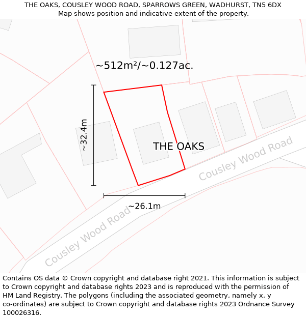 THE OAKS, COUSLEY WOOD ROAD, SPARROWS GREEN, WADHURST, TN5 6DX: Plot and title map