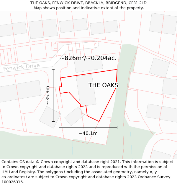 THE OAKS, FENWICK DRIVE, BRACKLA, BRIDGEND, CF31 2LD: Plot and title map