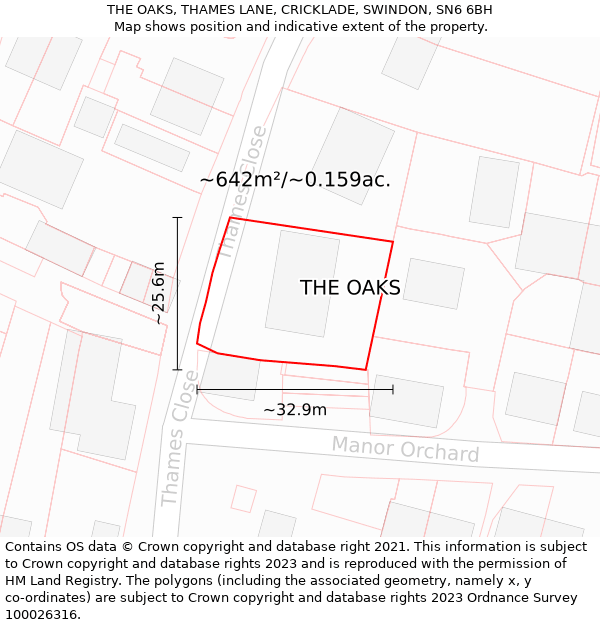 THE OAKS, THAMES LANE, CRICKLADE, SWINDON, SN6 6BH: Plot and title map