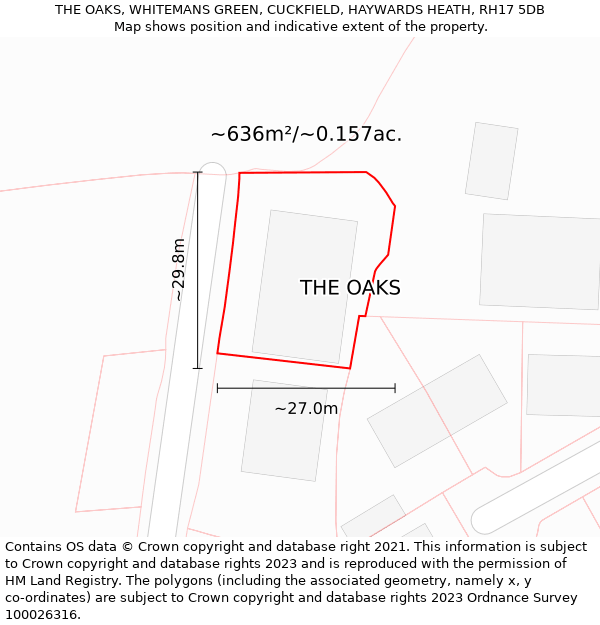 THE OAKS, WHITEMANS GREEN, CUCKFIELD, HAYWARDS HEATH, RH17 5DB: Plot and title map