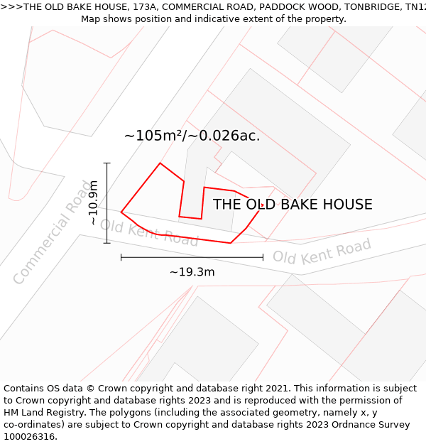 THE OLD BAKE HOUSE, 173A, COMMERCIAL ROAD, PADDOCK WOOD, TONBRIDGE, TN12 6DS: Plot and title map