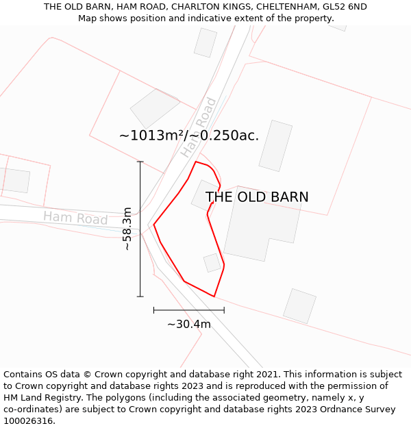 THE OLD BARN, HAM ROAD, CHARLTON KINGS, CHELTENHAM, GL52 6ND: Plot and title map