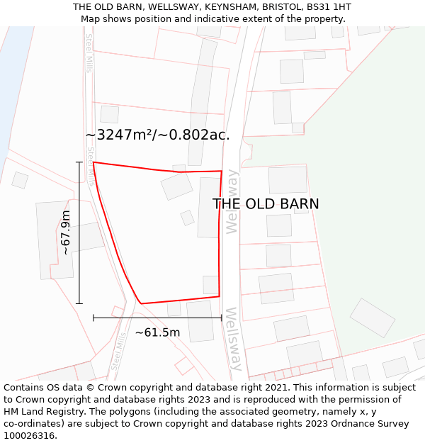 THE OLD BARN, WELLSWAY, KEYNSHAM, BRISTOL, BS31 1HT: Plot and title map