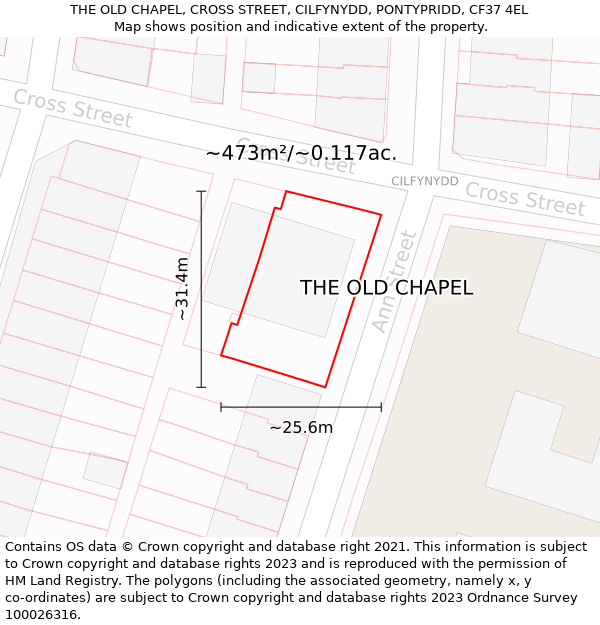 THE OLD CHAPEL, CROSS STREET, CILFYNYDD, PONTYPRIDD, CF37 4EL: Plot and title map