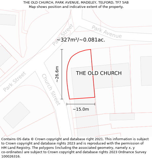 THE OLD CHURCH, PARK AVENUE, MADELEY, TELFORD, TF7 5AB: Plot and title map