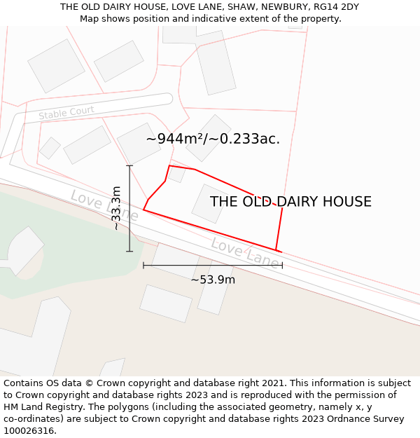 THE OLD DAIRY HOUSE, LOVE LANE, SHAW, NEWBURY, RG14 2DY: Plot and title map