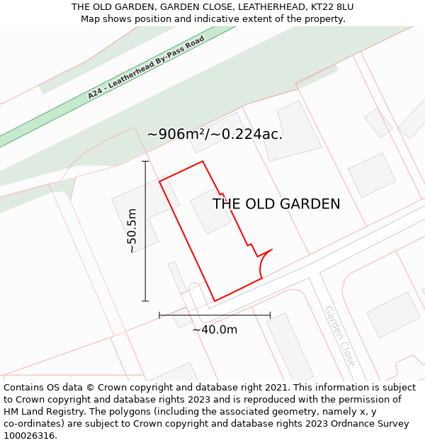 THE OLD GARDEN, GARDEN CLOSE, LEATHERHEAD, KT22 8LU: Plot and title map