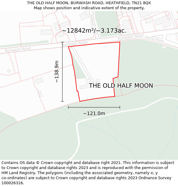 THE OLD HALF MOON, BURWASH ROAD, HEATHFIELD, TN21 8QX: Plot and title map