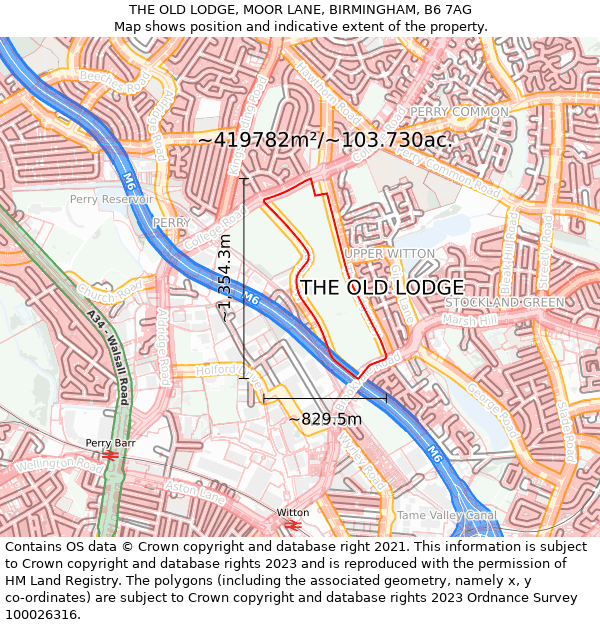 THE OLD LODGE, MOOR LANE, BIRMINGHAM, B6 7AG: Plot and title map