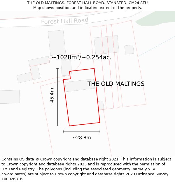 THE OLD MALTINGS, FOREST HALL ROAD, STANSTED, CM24 8TU: Plot and title map