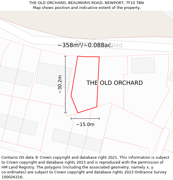 THE OLD ORCHARD, BEAUMARIS ROAD, NEWPORT, TF10 7BN: Plot and title map