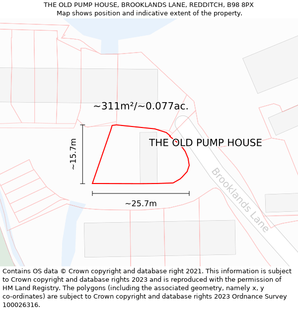 THE OLD PUMP HOUSE, BROOKLANDS LANE, REDDITCH, B98 8PX: Plot and title map