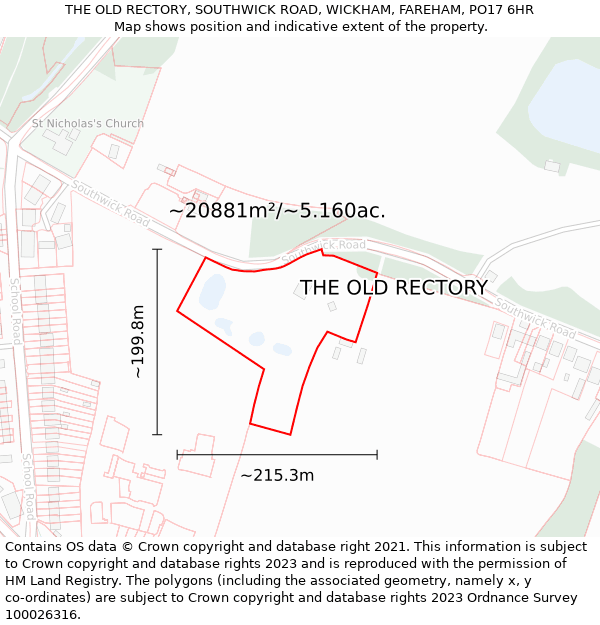 THE OLD RECTORY, SOUTHWICK ROAD, WICKHAM, FAREHAM, PO17 6HR: Plot and title map