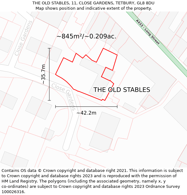 THE OLD STABLES, 11, CLOSE GARDENS, TETBURY, GL8 8DU: Plot and title map