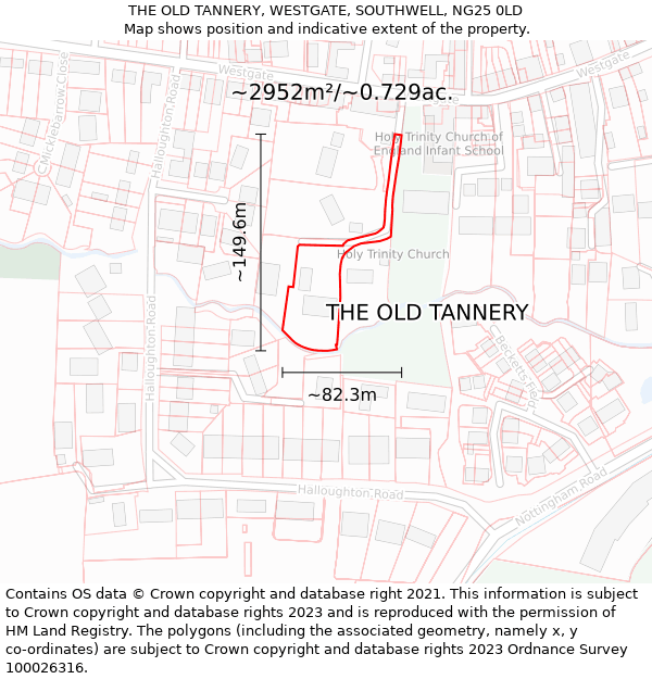 THE OLD TANNERY, WESTGATE, SOUTHWELL, NG25 0LD: Plot and title map
