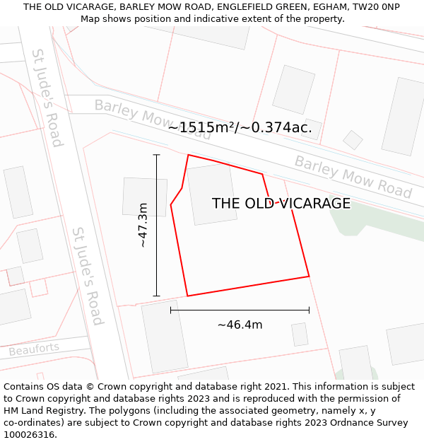 THE OLD VICARAGE, BARLEY MOW ROAD, ENGLEFIELD GREEN, EGHAM, TW20 0NP: Plot and title map