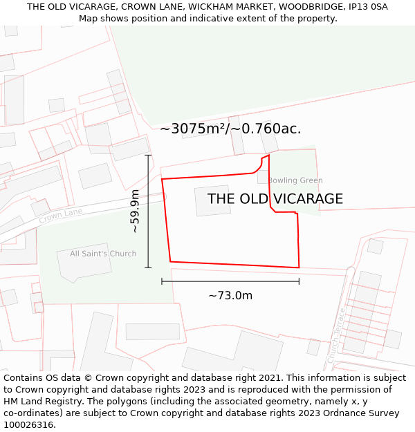 THE OLD VICARAGE, CROWN LANE, WICKHAM MARKET, WOODBRIDGE, IP13 0SA: Plot and title map