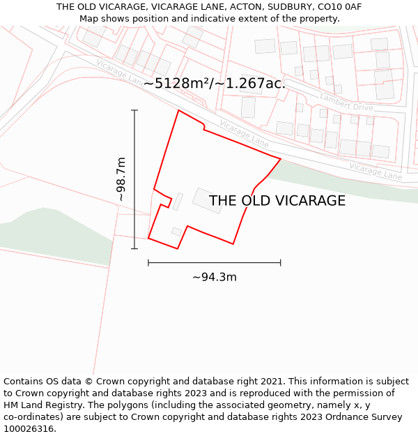 THE OLD VICARAGE, VICARAGE LANE, ACTON, SUDBURY, CO10 0AF: Plot and title map