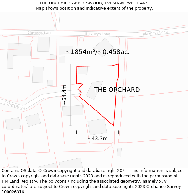 THE ORCHARD, ABBOTSWOOD, EVESHAM, WR11 4NS: Plot and title map