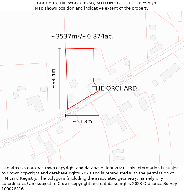 THE ORCHARD, HILLWOOD ROAD, SUTTON COLDFIELD, B75 5QN: Plot and title map
