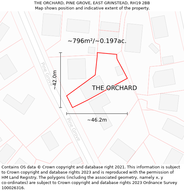 THE ORCHARD, PINE GROVE, EAST GRINSTEAD, RH19 2BB: Plot and title map