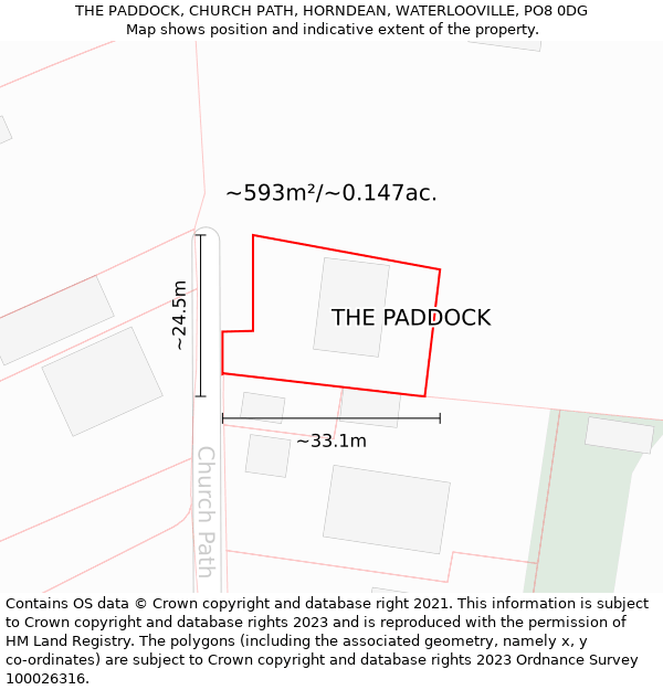 THE PADDOCK, CHURCH PATH, HORNDEAN, WATERLOOVILLE, PO8 0DG: Plot and title map