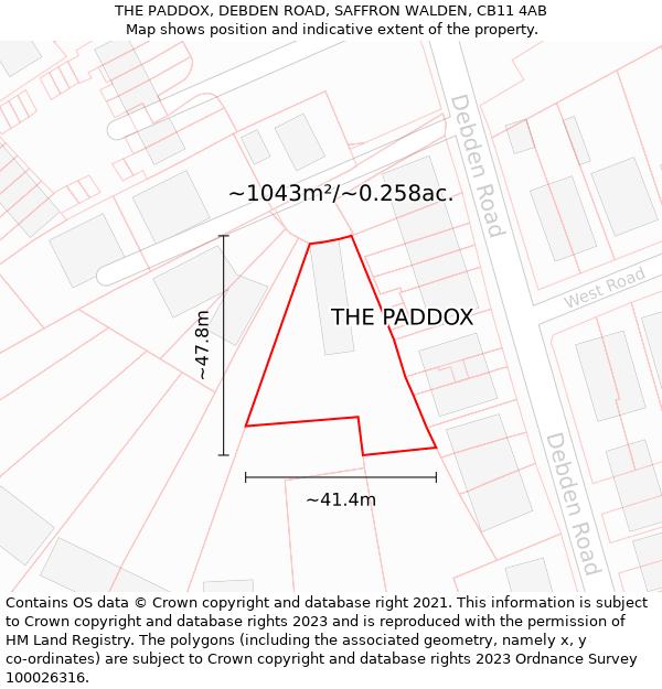 THE PADDOX, DEBDEN ROAD, SAFFRON WALDEN, CB11 4AB: Plot and title map