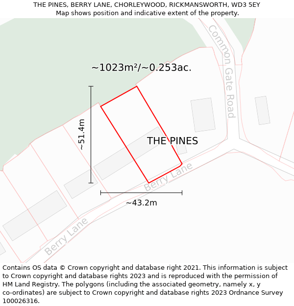 THE PINES, BERRY LANE, CHORLEYWOOD, RICKMANSWORTH, WD3 5EY: Plot and title map