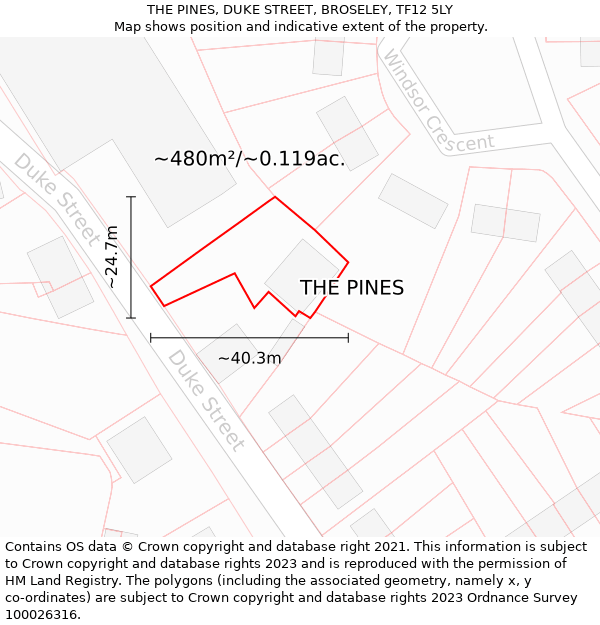 THE PINES, DUKE STREET, BROSELEY, TF12 5LY: Plot and title map