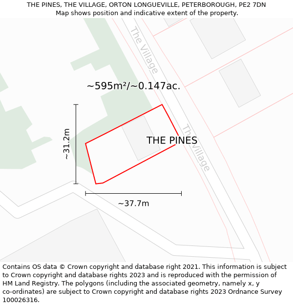 THE PINES, THE VILLAGE, ORTON LONGUEVILLE, PETERBOROUGH, PE2 7DN: Plot and title map