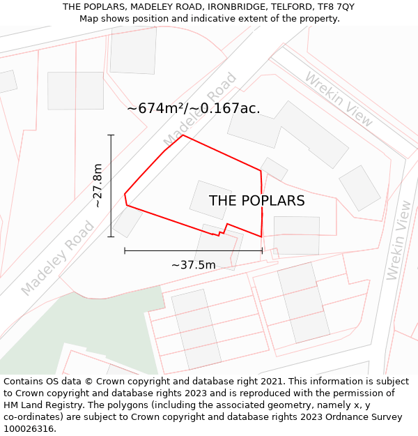 THE POPLARS, MADELEY ROAD, IRONBRIDGE, TELFORD, TF8 7QY: Plot and title map