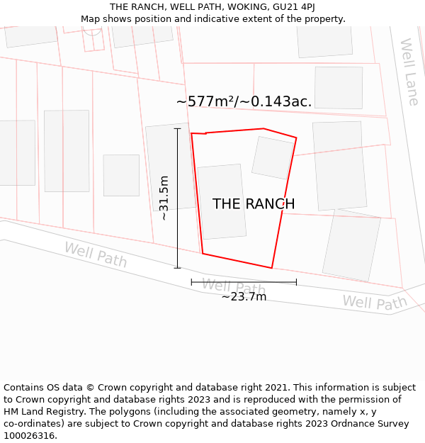 THE RANCH, WELL PATH, WOKING, GU21 4PJ: Plot and title map