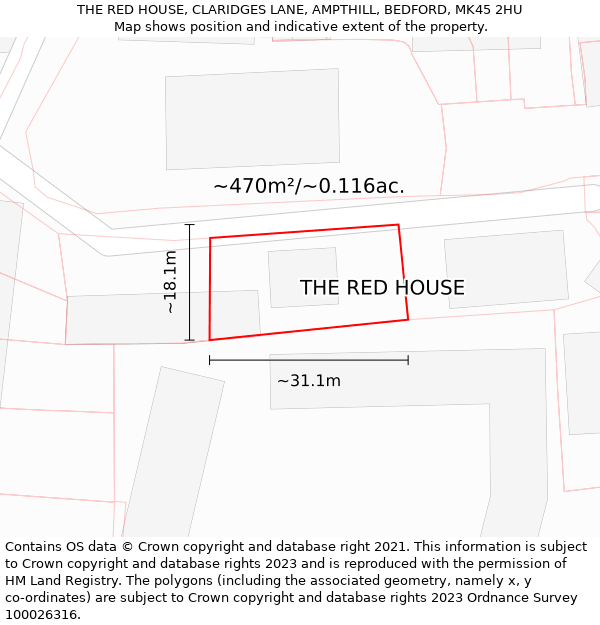 THE RED HOUSE, CLARIDGES LANE, AMPTHILL, BEDFORD, MK45 2HU: Plot and title map