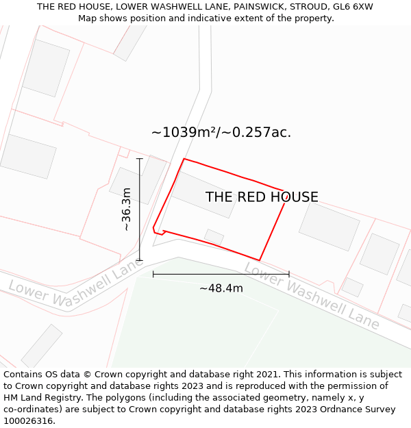 THE RED HOUSE, LOWER WASHWELL LANE, PAINSWICK, STROUD, GL6 6XW: Plot and title map