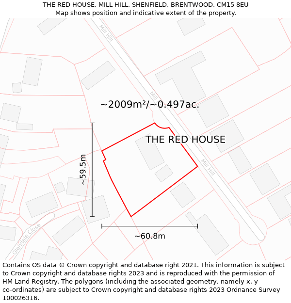 THE RED HOUSE, MILL HILL, SHENFIELD, BRENTWOOD, CM15 8EU: Plot and title map