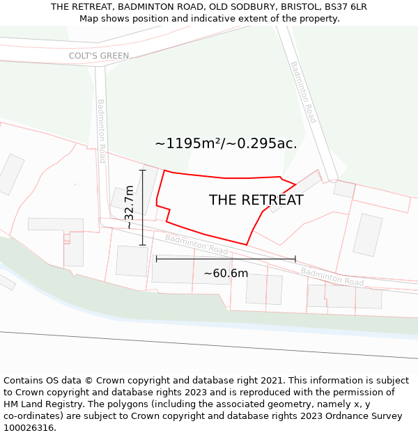 THE RETREAT, BADMINTON ROAD, OLD SODBURY, BRISTOL, BS37 6LR: Plot and title map