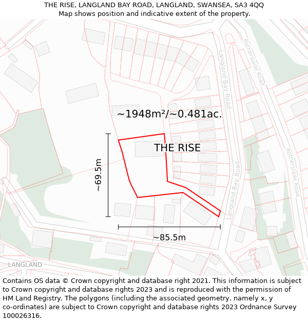 THE RISE, LANGLAND BAY ROAD, LANGLAND, SWANSEA, SA3 4QQ: Plot and title map