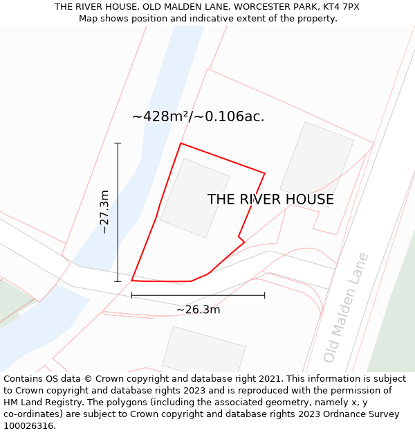 THE RIVER HOUSE, OLD MALDEN LANE, WORCESTER PARK, KT4 7PX: Plot and title map