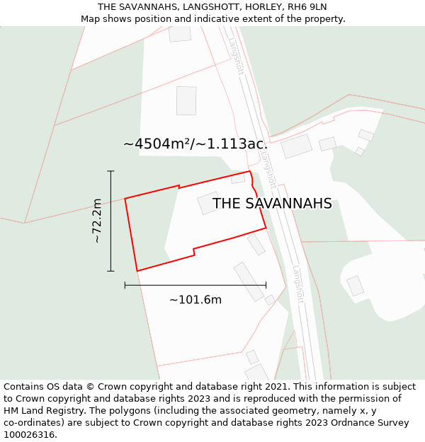 THE SAVANNAHS, LANGSHOTT, HORLEY, RH6 9LN: Plot and title map