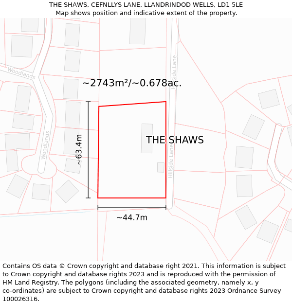 THE SHAWS, CEFNLLYS LANE, LLANDRINDOD WELLS, LD1 5LE: Plot and title map