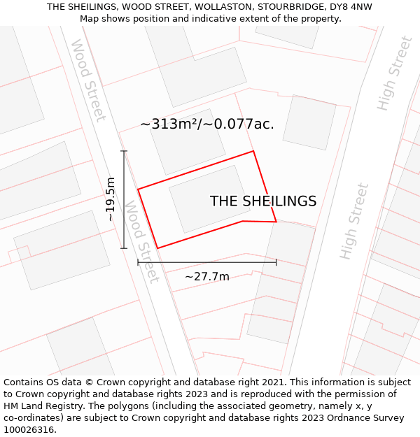THE SHEILINGS, WOOD STREET, WOLLASTON, STOURBRIDGE, DY8 4NW: Plot and title map
