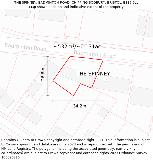 THE SPINNEY, BADMINTON ROAD, CHIPPING SODBURY, BRISTOL, BS37 6LL: Plot and title map