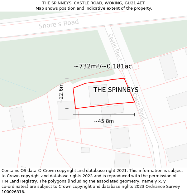 THE SPINNEYS, CASTLE ROAD, WOKING, GU21 4ET: Plot and title map