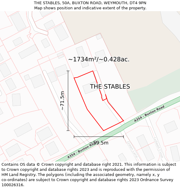 THE STABLES, 50A, BUXTON ROAD, WEYMOUTH, DT4 9PN: Plot and title map