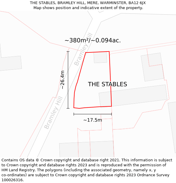 THE STABLES, BRAMLEY HILL, MERE, WARMINSTER, BA12 6JX: Plot and title map