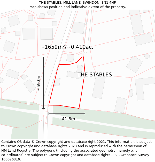THE STABLES, MILL LANE, SWINDON, SN1 4HF: Plot and title map